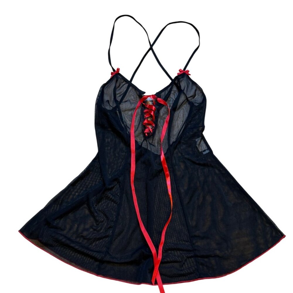 90s Black Sheer Mesh Lingerie‎ Babydoll Red Ribbon Accent M/L